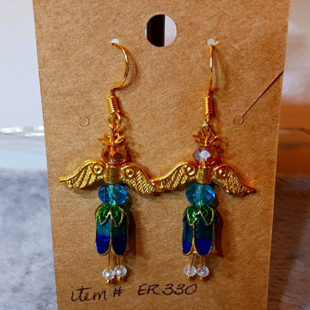 NEW Dancing Angel Earrings, Gold tone with blue enamel